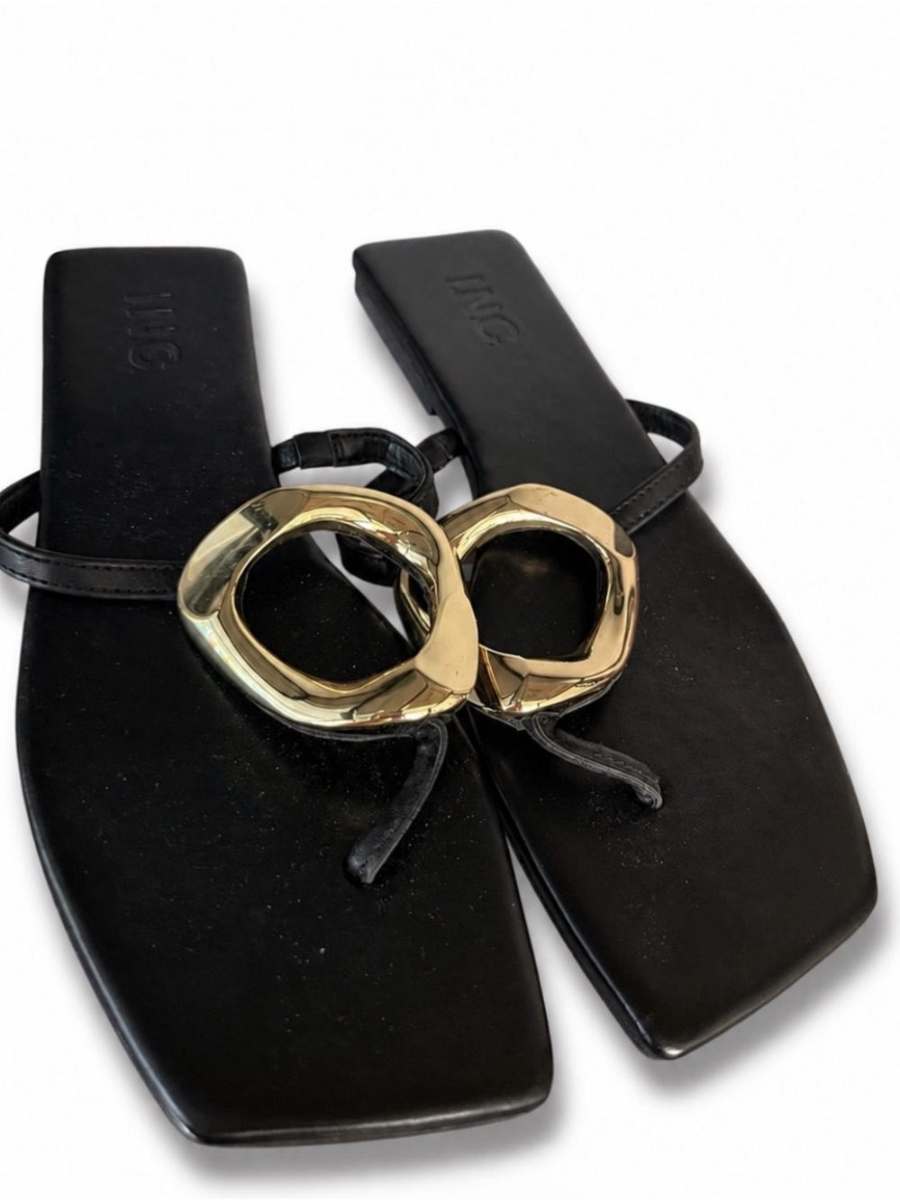 INC International Concepts Black Sandals with Gold Rings